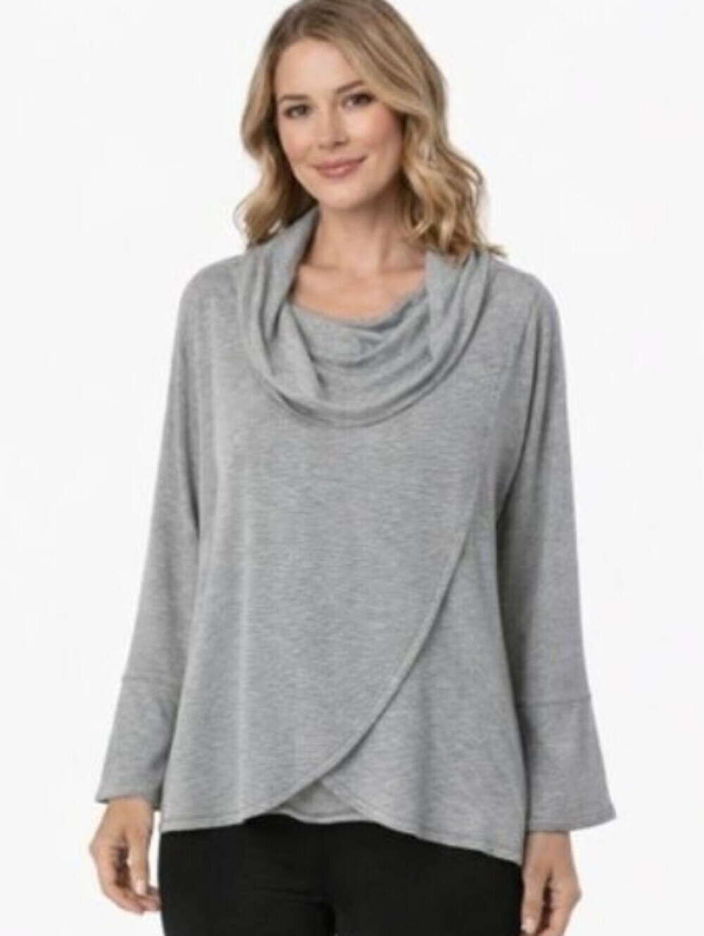 Calvin Klein Cowl Neck Faux Wrap Split Front Gray & White Micro Stripe Top Small